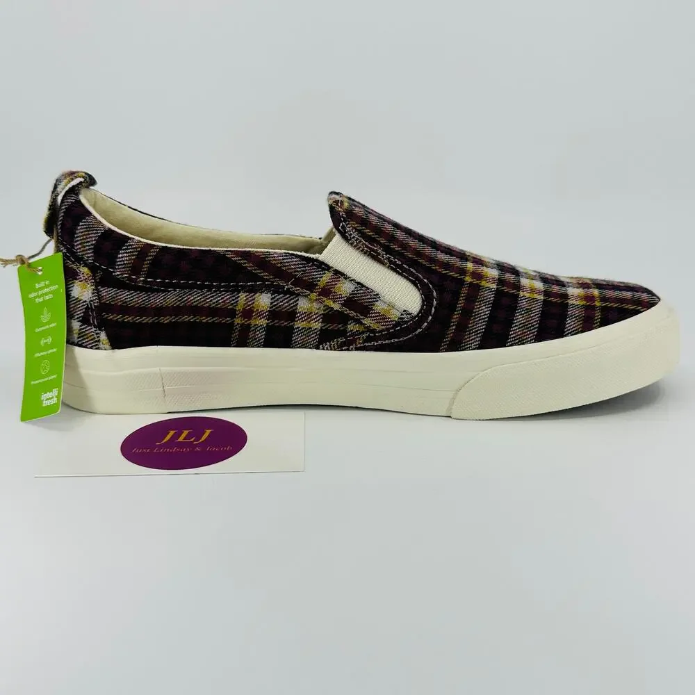 Taos Women's Rubber Soul Burgundy Plaid Canvas Slip On Comfort Sneakers Size 7.5